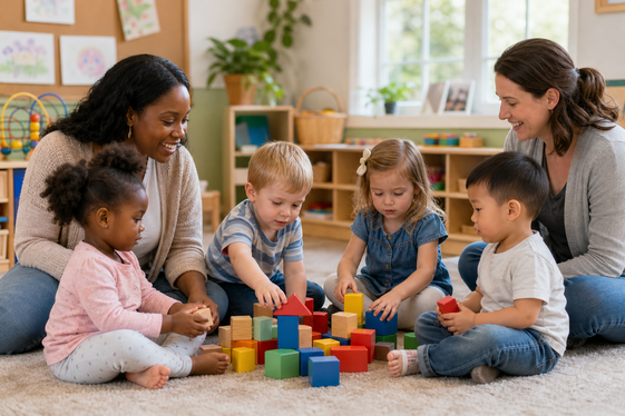 Two teachers sitting on the floor with a group of toddlers playing with blocks.