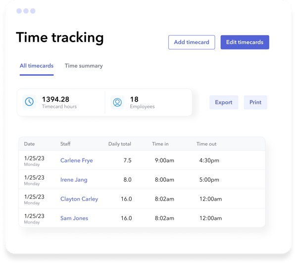 brightwheel time tracking staff timecards