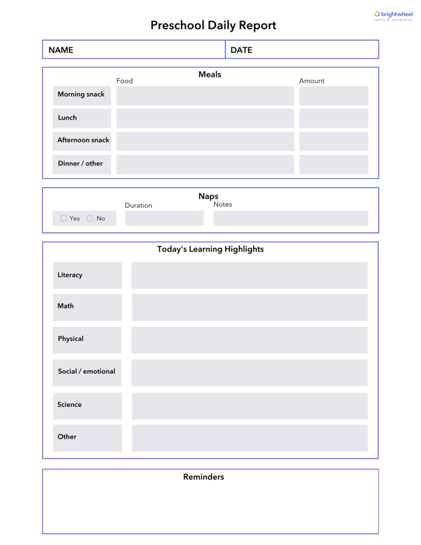 brightwheel preschool daily report template