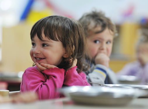 happy child kids group have fun and play at kindergarden indoor preschool education concept with  teacher