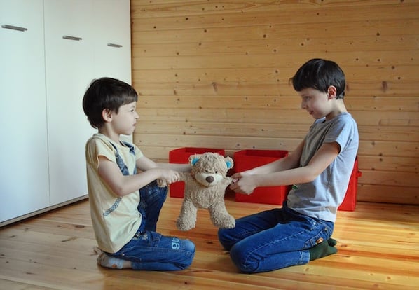 two young boys fighting and pulling over a toy teddy bear