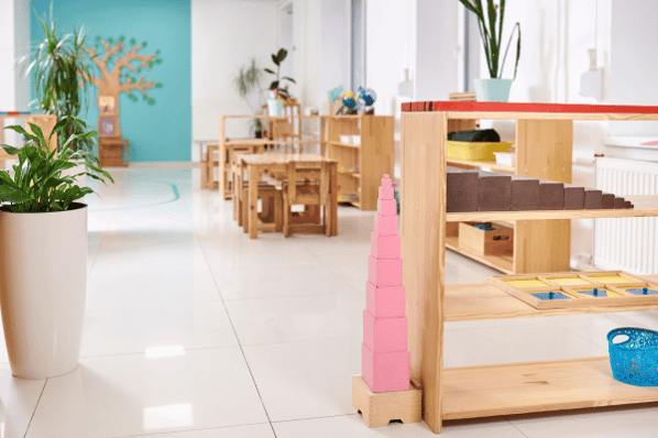 Light filled Reggio Emilia/Montessori style preschool classroom.