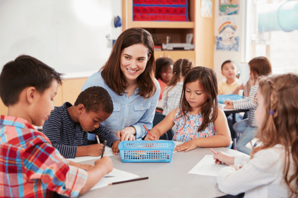 Teacher sitting at table with young children in the classroom.