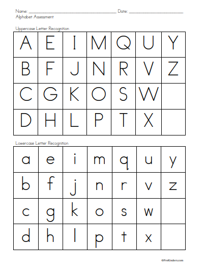 Preschool alphabet assessment worksheet with randomized uppercase and lowercase letters for a child to identify