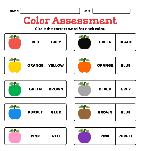 Preschool color assessment worksheet where a child matches color words to colored shapes