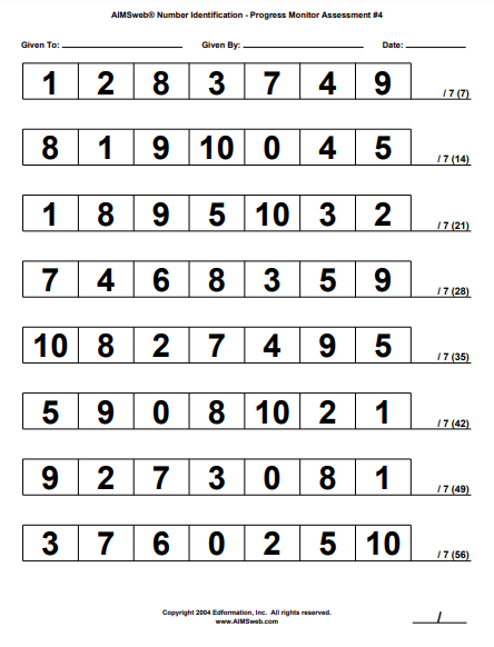Preschool number identification assessment probe for counting and recognizing numerals