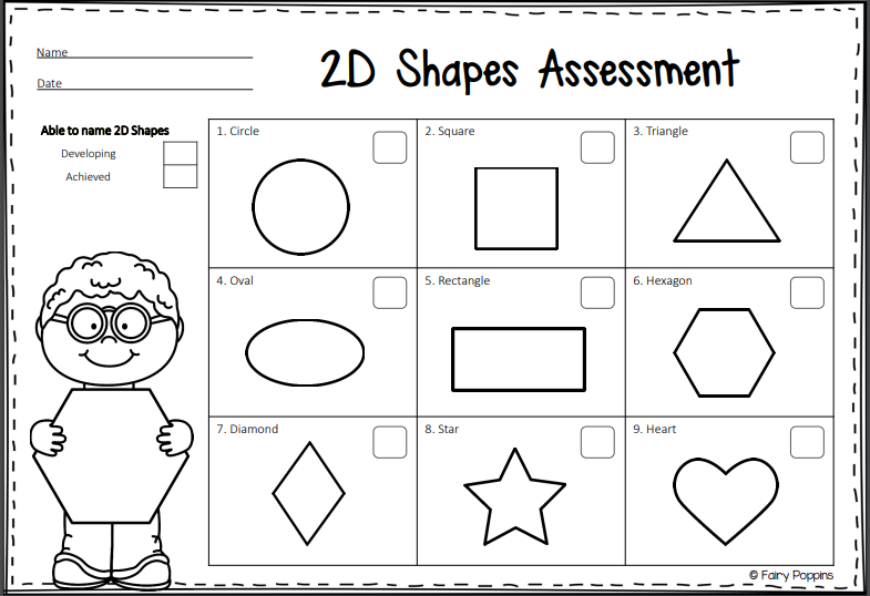Preschool shapes assessment worksheet for identifying and naming basic and advanced shapes