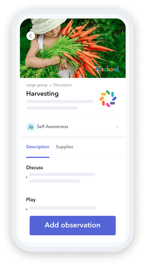 A screen image of brightwheel app that showcases observation and assessments feature