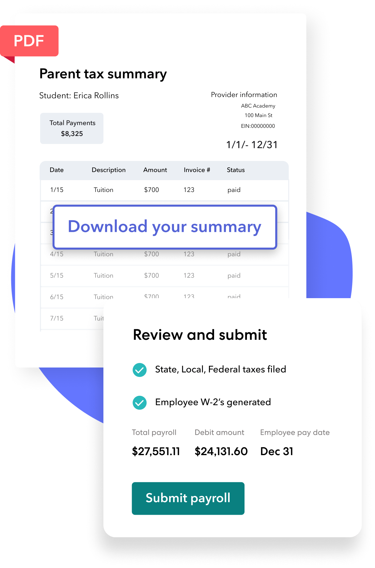 Childcare software product images of tax summary for families and taxes being automatically calculated and filed in payroll 