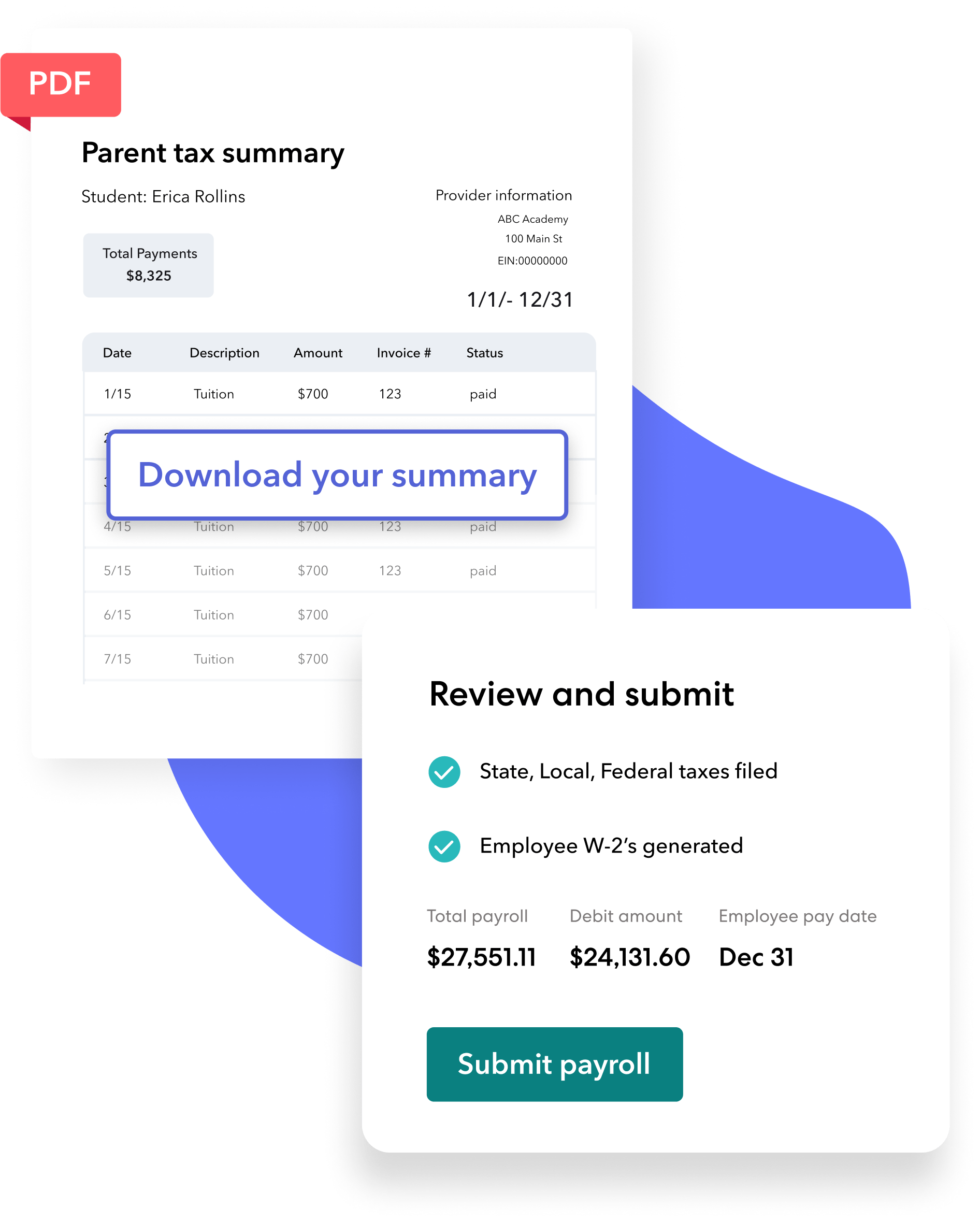 Childcare software product images of tax summary for families and taxes being automatically calculated and filed in payroll 